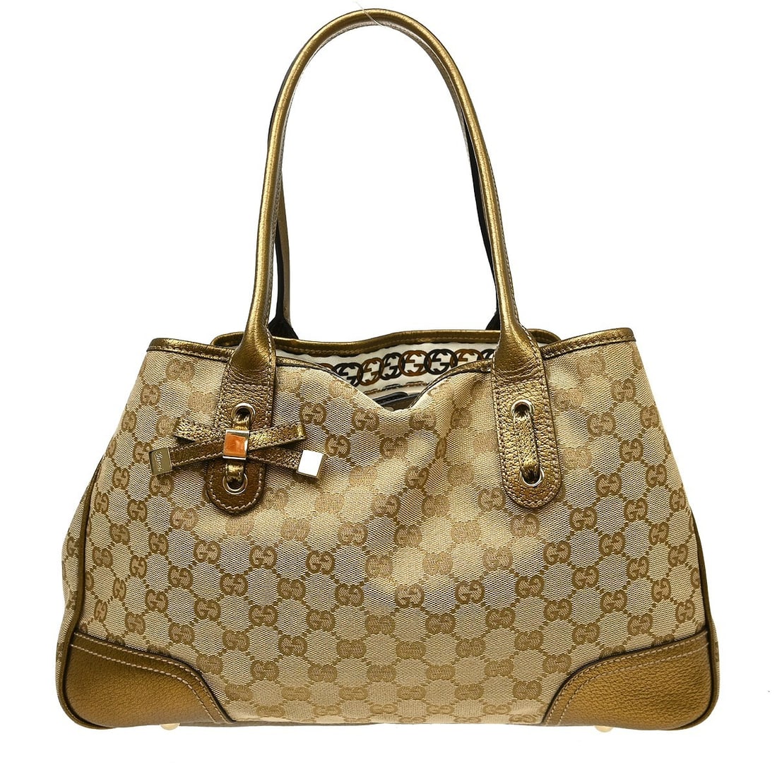 Gucci GG Canvas Leather Medium Tote Bag Beige Gold: Gucci GG Canvas Leather Medium Tote Bag Beige Gold Vintage Gucci GG tote bag in beige and gold canvas and leather. This medium tote features the Gucci GG pattern, dual handles, and an interior with on