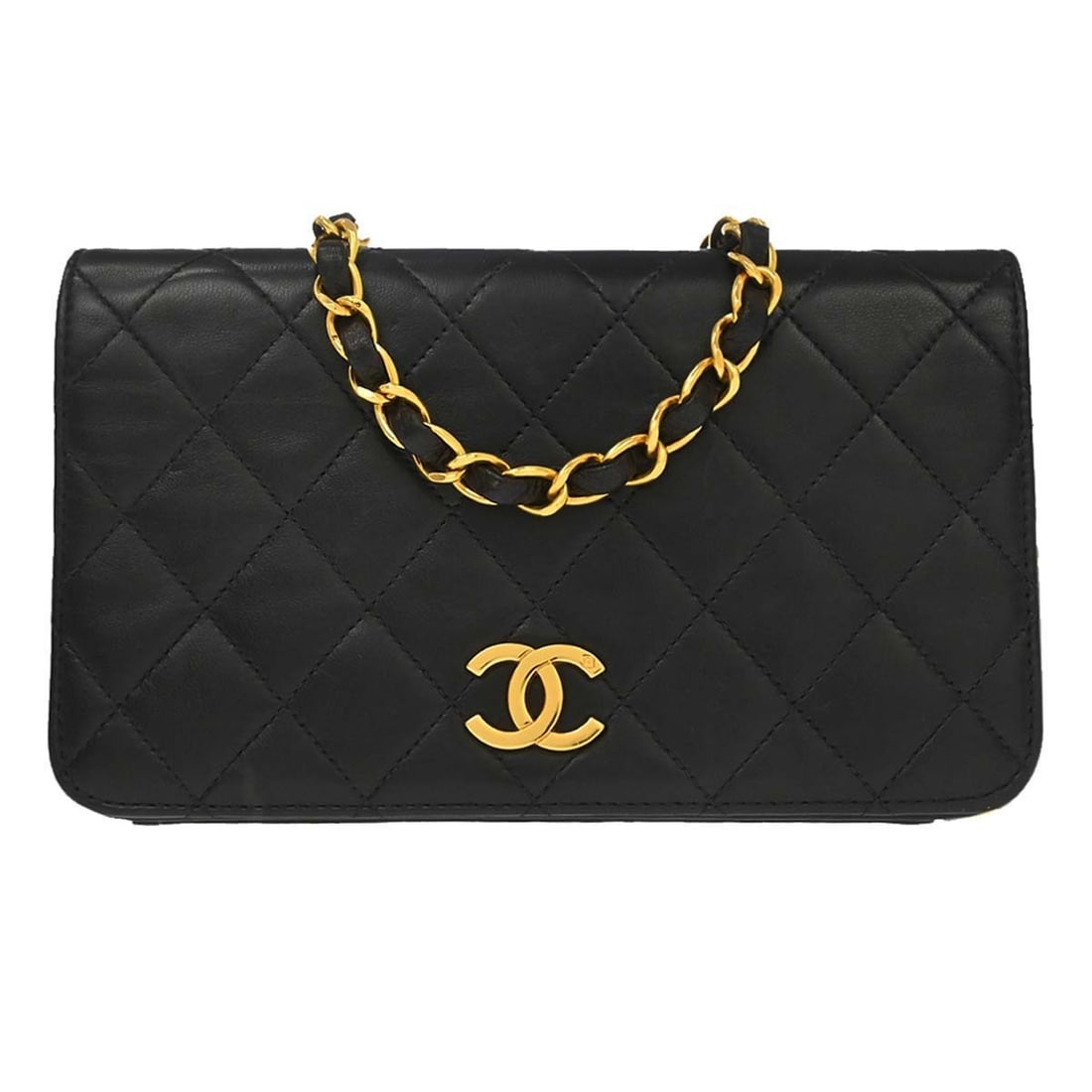 CHANEL Single Chain Shoulder Full Flap Mini Bag Black Lambskin: CHANEL Single Chain Shoulder Full Flap Mini Bag Black Lambskin Chanel Full Flap shoulder bag in black lambskin leather with a matelasse quilted finish and push lock flap closure. This small bag featur