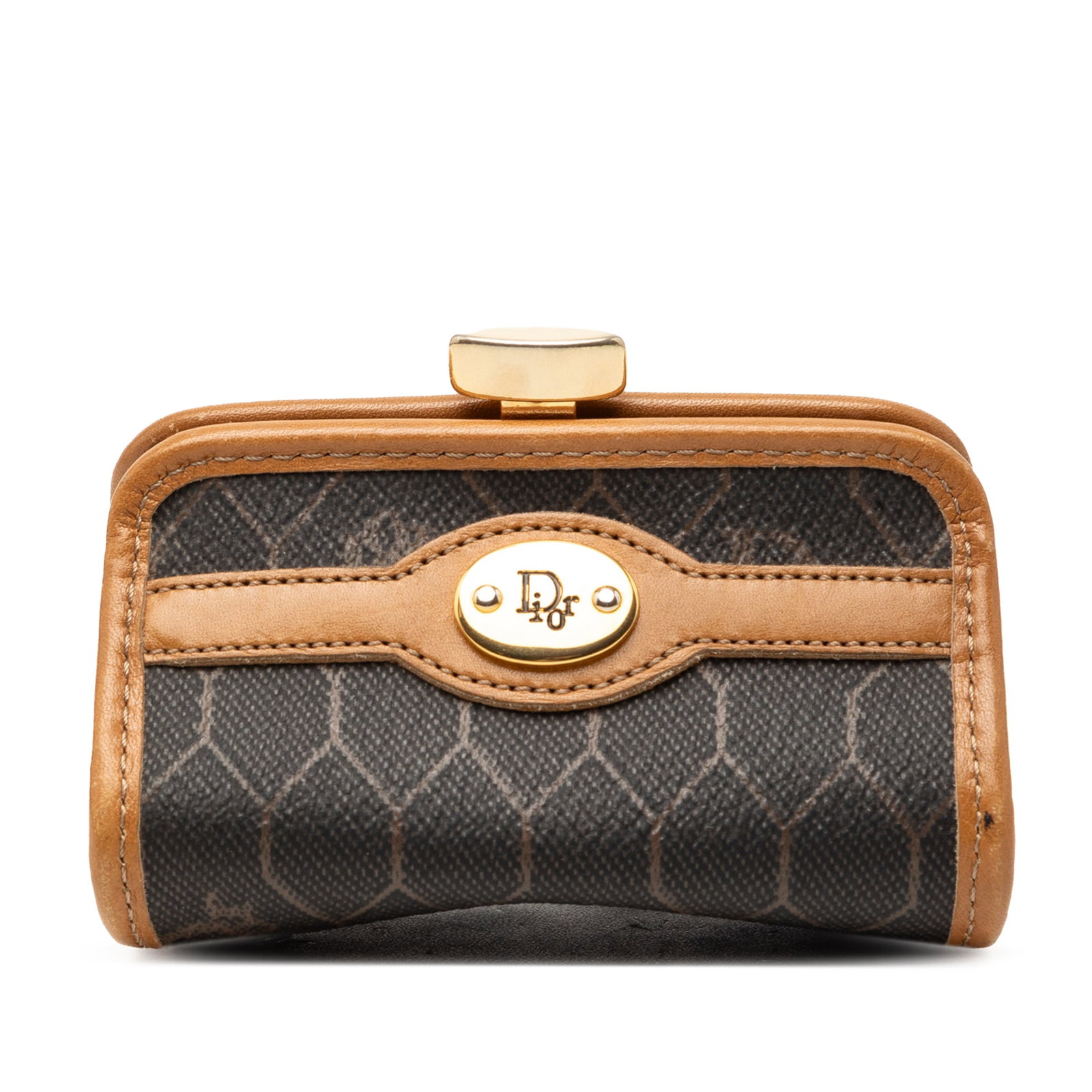 Dior Honeycomb Canvas Kiss Lock Coin Pouch: Dior Honeycomb Canvas Kiss Lock Coin Pouch This Dior Honeycomb coin pouch features a coated canvas exterior with leather trim and a classic top kiss lock closure. The pouch is designed in black and of