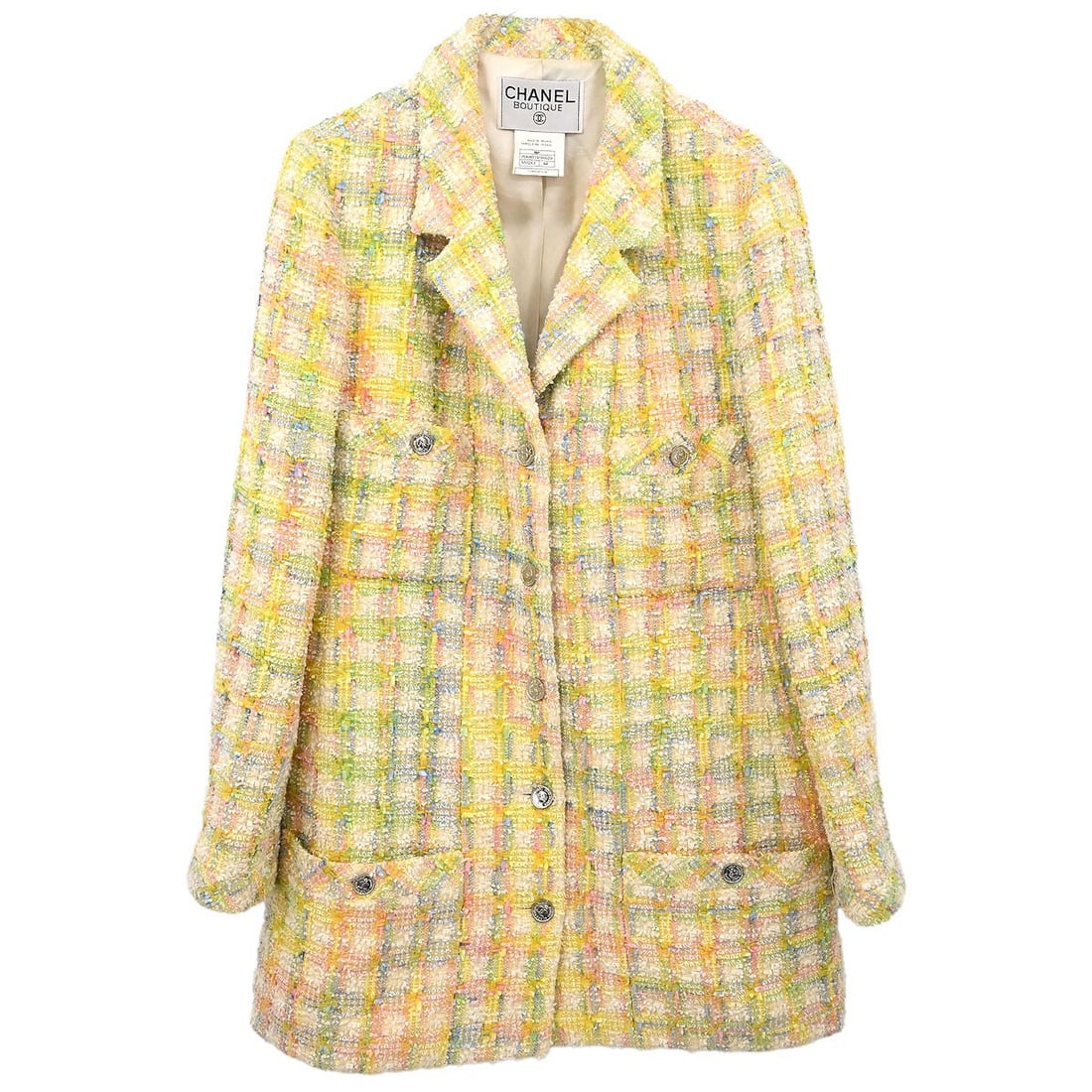 Vintage Chanel 96P Yellow Tweed Jacket FR 44 France: Vintage Chanel 96P Yellow Tweed Jacket FR 44 France Vintage Chanel single-breasted tweed jacket in yellow with a collared design, long sleeves, and four exterior pockets. This women's mid-length jacke