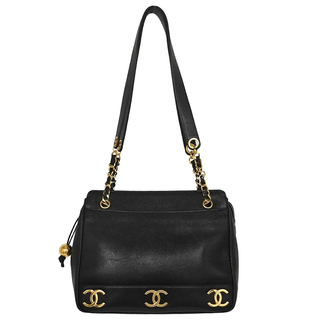 Chanel Triple CC Chain Shoulder Bag Black Leather: Chanel Triple CC Chain Shoulder Bag Black Leather Chanel Triple CC Chain Shoulder bag in black caviar leather. This shoulder bag is made in Italy and remains in good overall condition, with scratches 