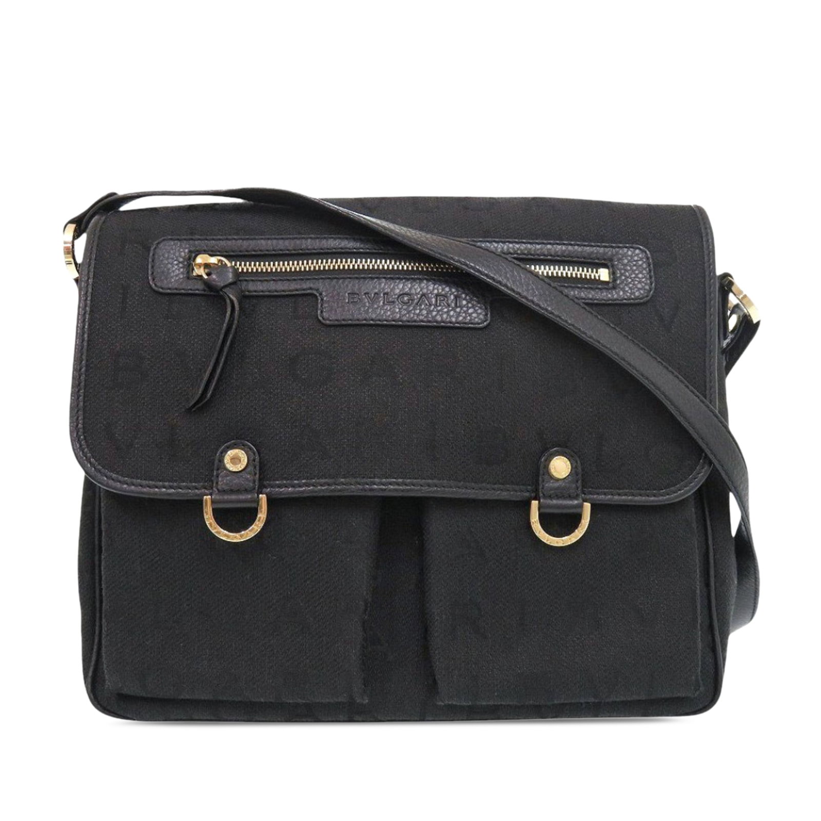 Bvlgari Logomania black canvas crossbody bag with leather trim: Bvlgari Logomania black canvas crossbody bag with leather trim Bvlgari Logomania messenger bag crafted with a canvas body and leather trim. This crossbody style features a flat leather strap, a front 
