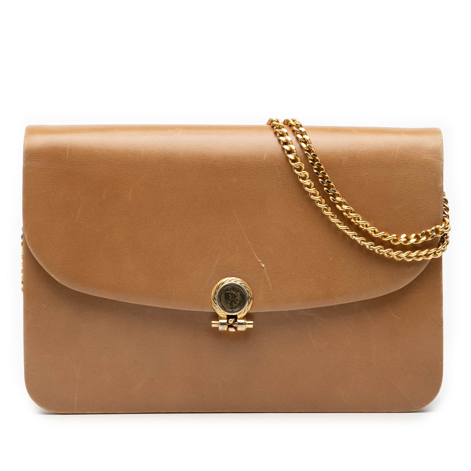 Dior Brown Leather Shoulder Bag with Chain Strap and Flap Closure: Dior Brown Leather Shoulder Bag with Chain Strap and Flap Closure This Dior shoulder bag features a brown leather body, a chain strap, and a top flap with a flip lock closure. The interior includes a 