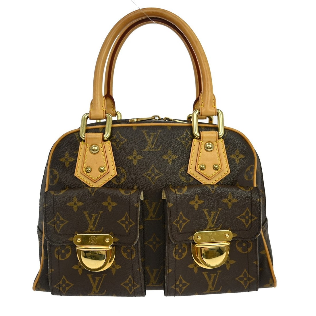 Louis Vuitton Manhattan PM Monogram Canvas Handbag Brown M40026: Louis Vuitton Manhattan PM Monogram Canvas Handbag Brown M40026 Vintage Louis Vuitton Manhattan PM handbag in brown Monogram canvas with leather trim and double handles. This medium handbag features a
