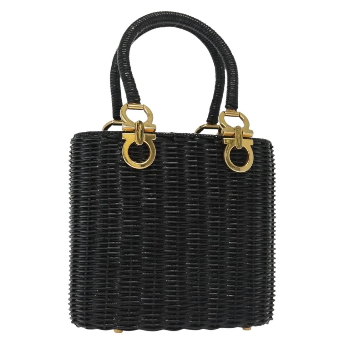 Salvatore Ferragamo Gancini Wood Handbag Black Gold Shoulder Strap: Salvatore Ferragamo Gancini Wood Handbag Black Gold Shoulder Strap Salvatore Ferragamo Gancini handbag in black and gold with a wood exterior. Made in Italy, this women's handbag includes a shoulder s