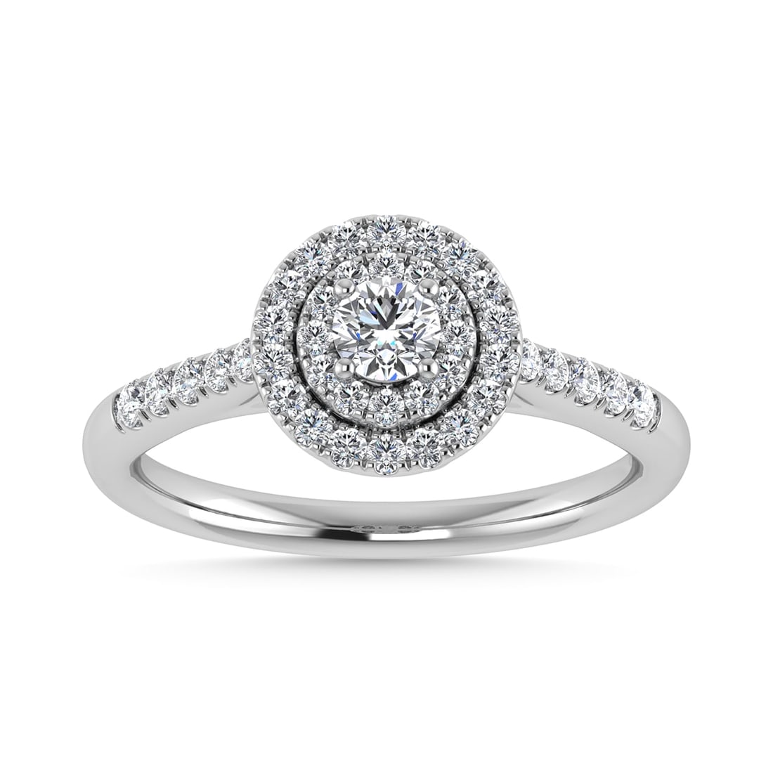 Diamond 1/2 Ct.Tw. Halo Engagement Ring in 10K White Gold: Diamond 1/2 Ct.Tw. Halo Engagement Ring in 10K White Gold 10k White Gold Stone Color: G-h Stone Clarity: I1 Each ring is presented in standard size 6.5. Complimentary resizing is available between siz