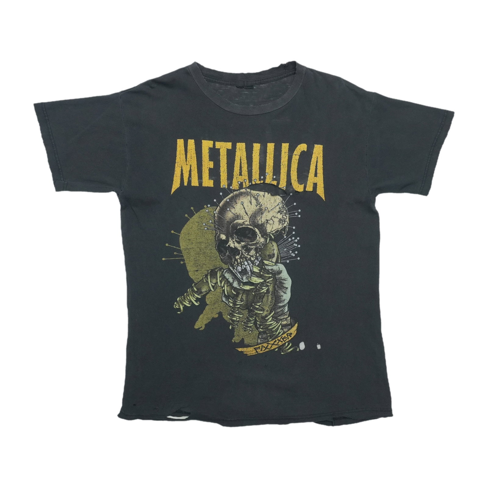 Vintage Black Metallica Pushead Cotton Shirt 1990s: Vintage Black Metallica Pushead Cotton Shirt 1990s This is an original vintage Metallica Pushead shirt from the 1990s, featuring graphics on both the front and back. The shirt is made from 100% cotton
