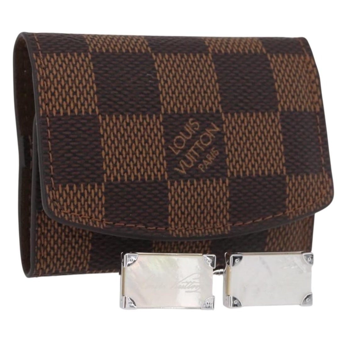 Louis Vuitton M65737 Damier Ebene cufflinks white France: Louis Vuitton M65737 Damier Ebene cufflinks white France Louis Vuitton Bouton de Manchette Senior Tulle cuffs in Damier Ebene canvas with white accents. Made in France, this pair is presented in excel
