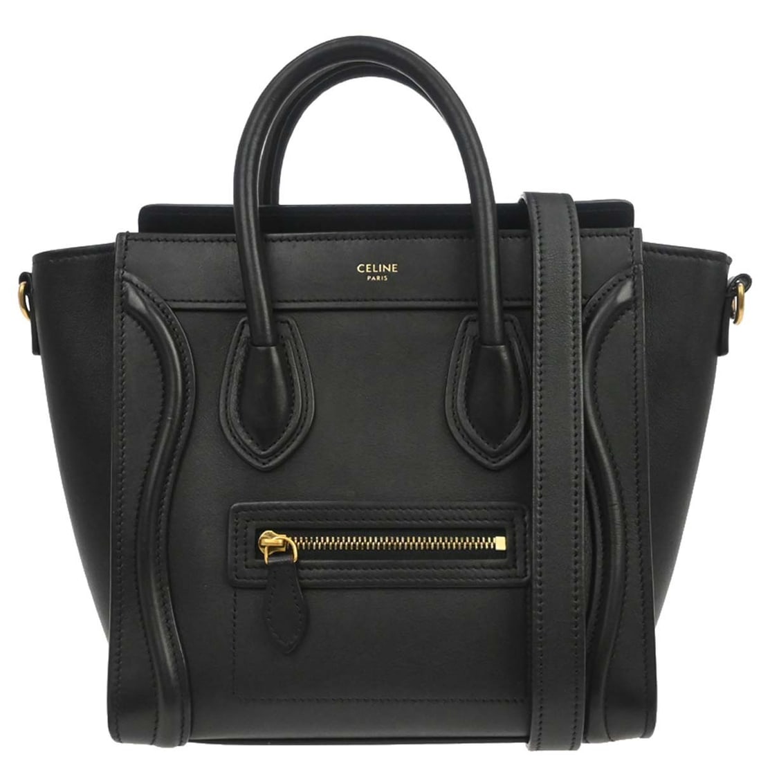 CELINE Nano Luggage Mini Black Leather Top Handle Bag: CELINE Nano Luggage Mini Black Leather Top Handle Bag Celine Nano Luggage tote bag in black leather with double handles, zip closure, and logo accent. This women's top handle bag features one exterior