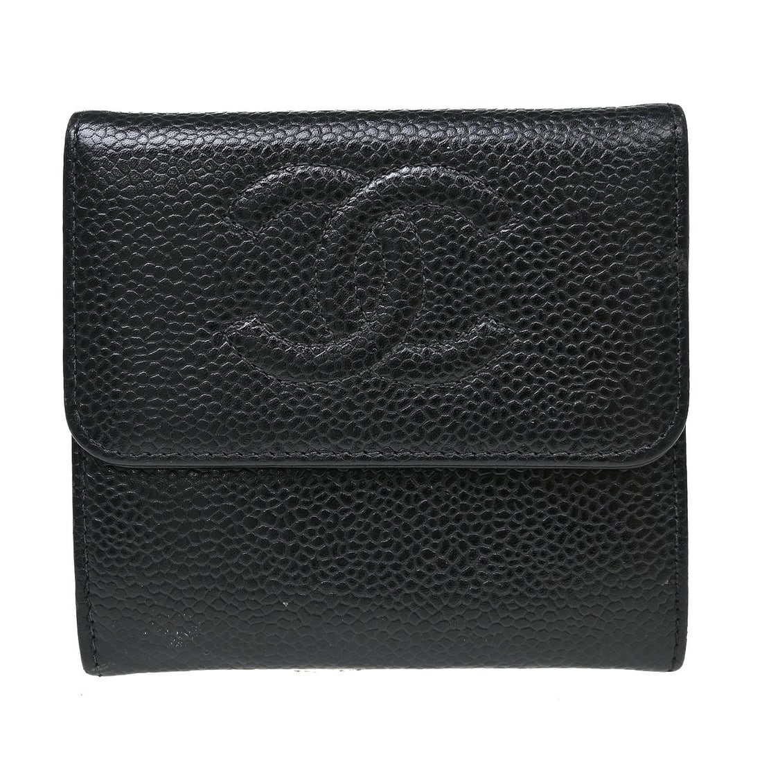 CHANEL CC Trifold Wallet in Black Caviar Leather: CHANEL CC Trifold Wallet in Black Caviar Leather Compact Chanel trifold wallet in black caviar skin leather with CC pattern detailing. Designed for women, this folding wallet includes a coin pocket, c