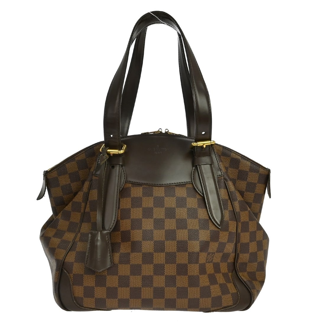 Louis Vuitton Verona MM Damier Canvas Brown Zip Tote N41118: Louis Vuitton Verona MM Damier Canvas Brown Zip Tote N41118 Vintage Louis Vuitton Verona MM tote handbag in brown Damier canvas and leather with double handles, zip closure, logo accents, and two inte