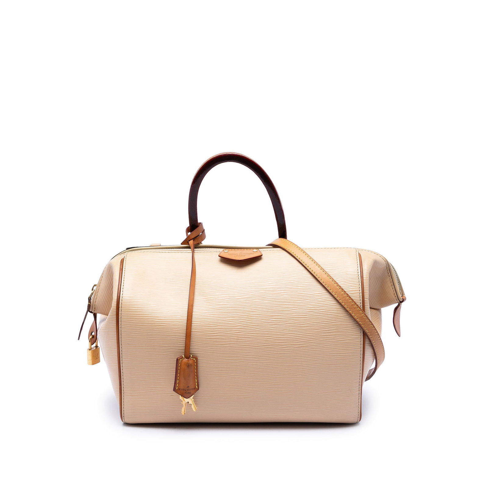 Louis Vuitton Epi Doc PM Beige Leather Handbag: Louis Vuitton Epi Doc PM Beige Leather Handbag Louis Vuitton Epi Doc PM bag in beige leather with rolled leather handles, a detachable flat shoulder strap, top zip closure, and interior zip and slip p
