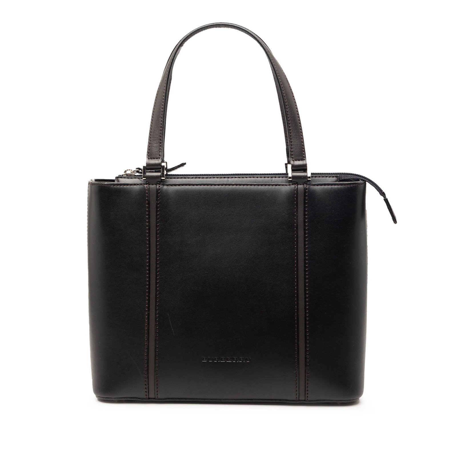 Burberry black leather top zip handbag: Burberry black leather top zip handbag This Burberry handbag features a black leather body with flat leather handles and a top zip closure. The interior is designed with both zip and slip pockets for 