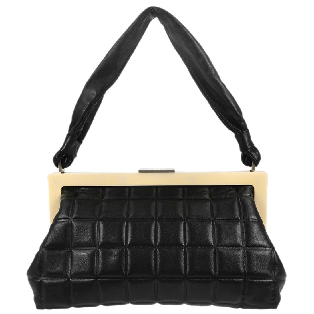 Chanel CC small black lambskin top handle kiss lock bag: Chanel CC small black lambskin top handle kiss lock bag Small Chanel Choco Bar handbag in black lambskin with a top handle and kiss lock closure. The bag is lined in leather and features one interior 
