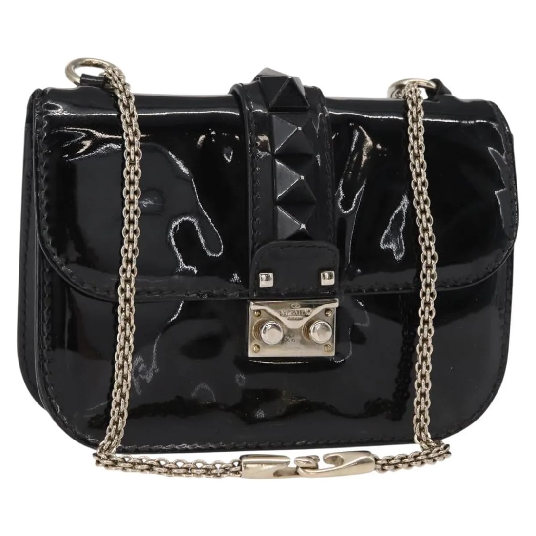 Valentino Garavani Glam Lock shoulder bag black patent leather: Valentino Garavani Glam Lock shoulder bag black patent leather This pre-owned Valentino Garavani Glam Lock Shoulder Bag for women is crafted from black patent leather. It features a shoulder strap and