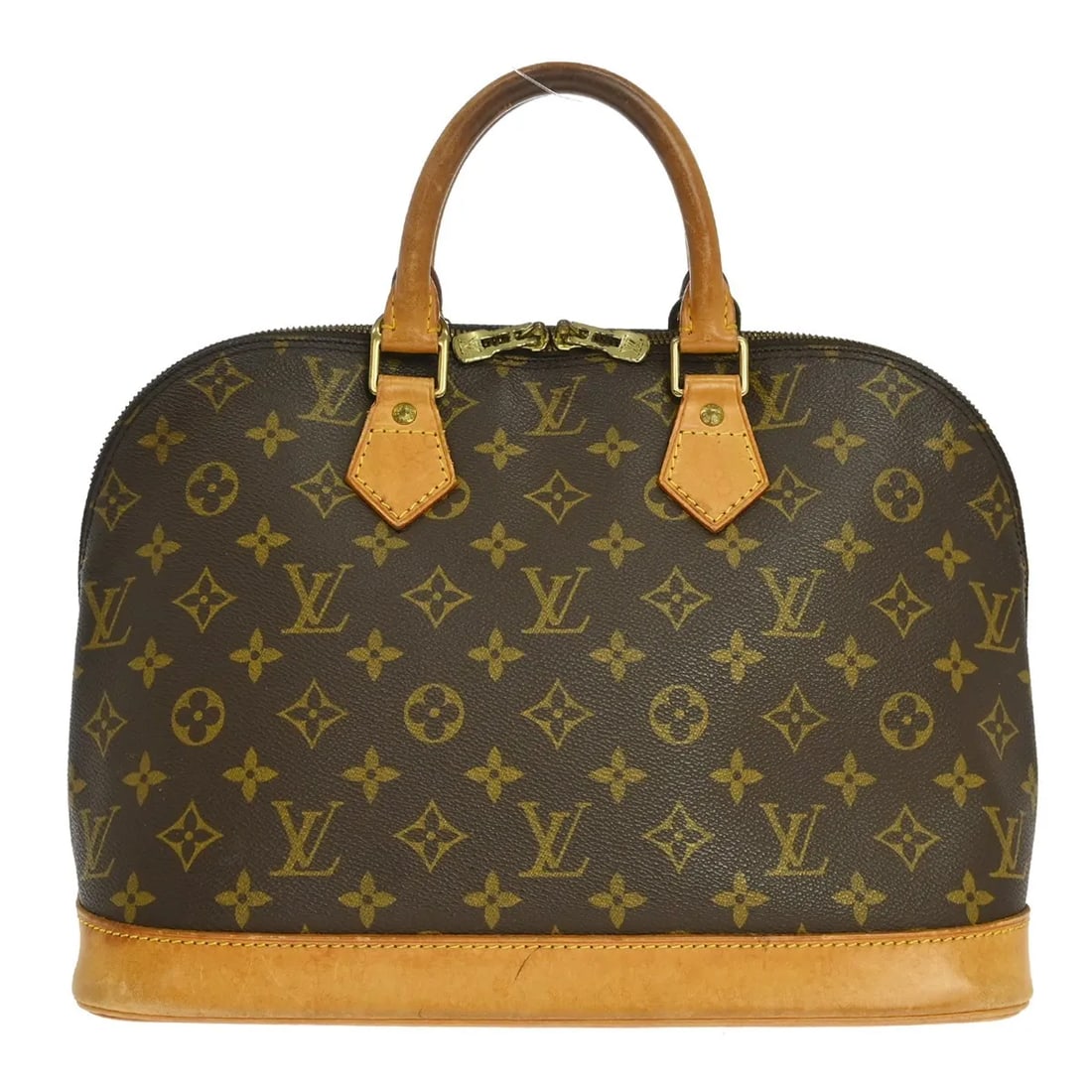 Louis Vuitton Alma Handbag in Brown Monogram Canvas: Louis Vuitton Alma Handbag in Brown Monogram Canvas Louis Vuitton Alma handbag in brown monogram canvas. This structured handbag is made in France and is presented in fair condition with visible wear.