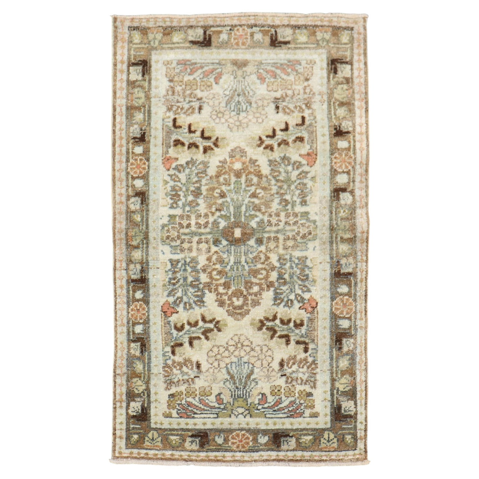 Early 20th Century Hamedan Floral Wool Hand Knotted Rug: Early 20th Century Hamedan Floral Wool Hand Knotted Rug This early 20th-century small rug features a floral design in the Agra style. Hand-knotted from wool, it is a mini size antique Hamedan rug, sho