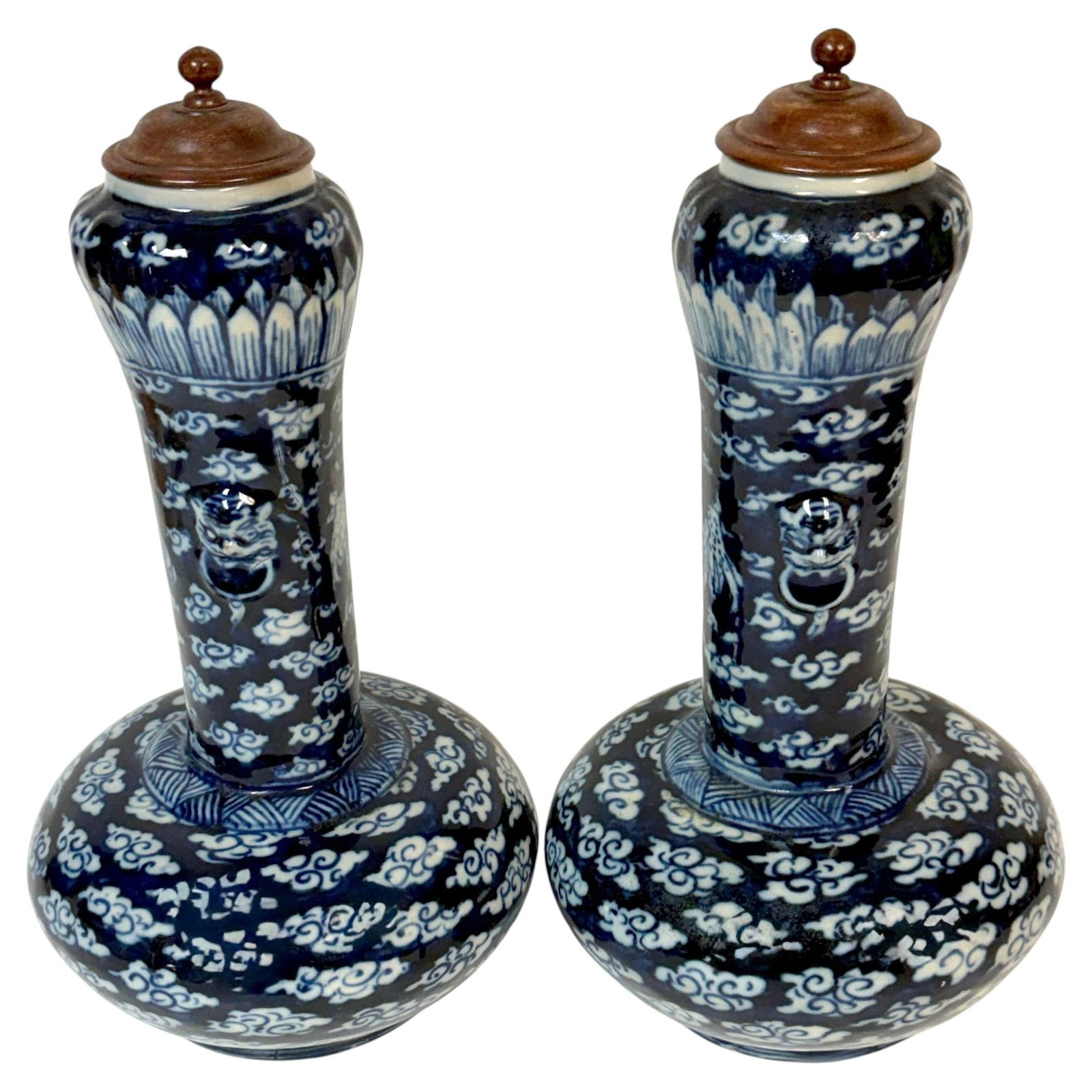 Late Qing Chinese Blue White Garlic Neck Vases Pair with Hardwood Covers (1 of 14)