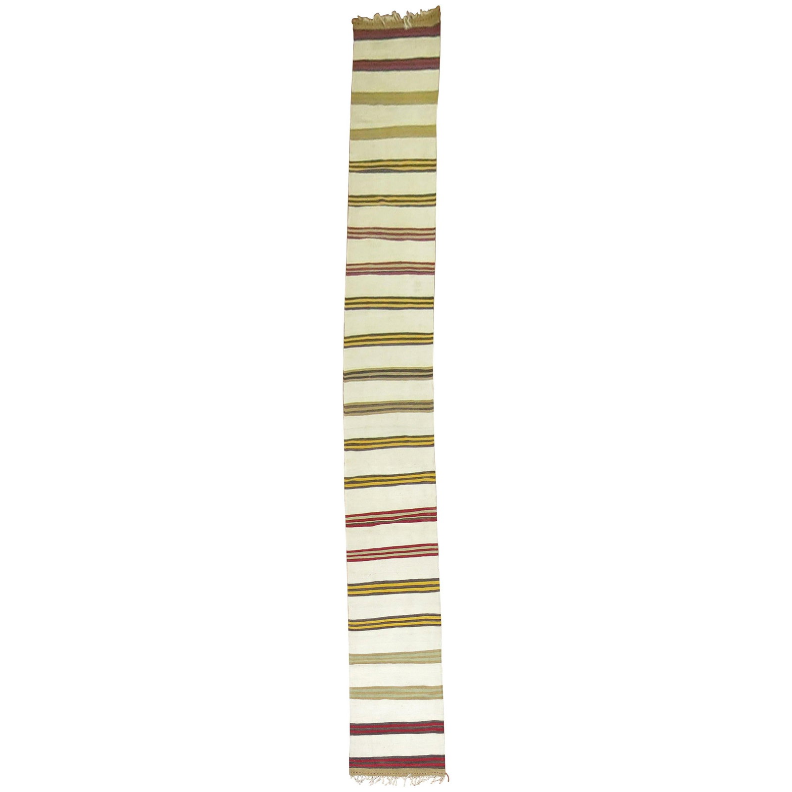 Mid-Century Modern Ivory Striped Turkish Kilim Runner 26 x 261: Mid-Century Modern Ivory Striped Turkish Kilim Runner 26 x 261 This exquisite long runner from the Zabihi Collection showcases a stunning ivory striped design, embodying the essence of Mid-Century Mod