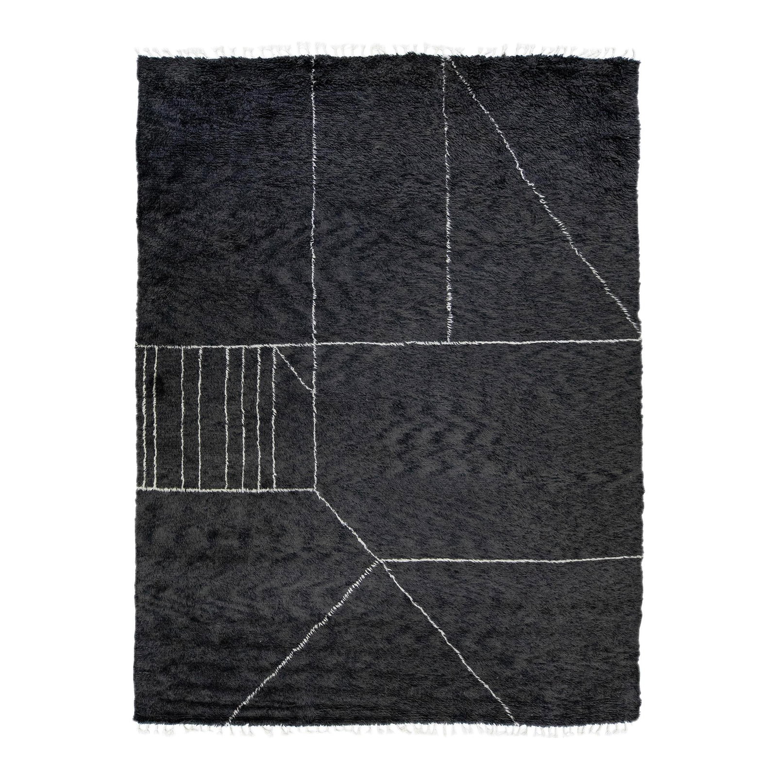 Handmade Black Wool Rug Modern Moroccan Abstract Design: Handmade Black Wool Rug Modern Moroccan Abstract Design Enhance your space with this stunning modern Moroccan style hand-knotted wool rug. Featuring a striking black field complemented by white fringe