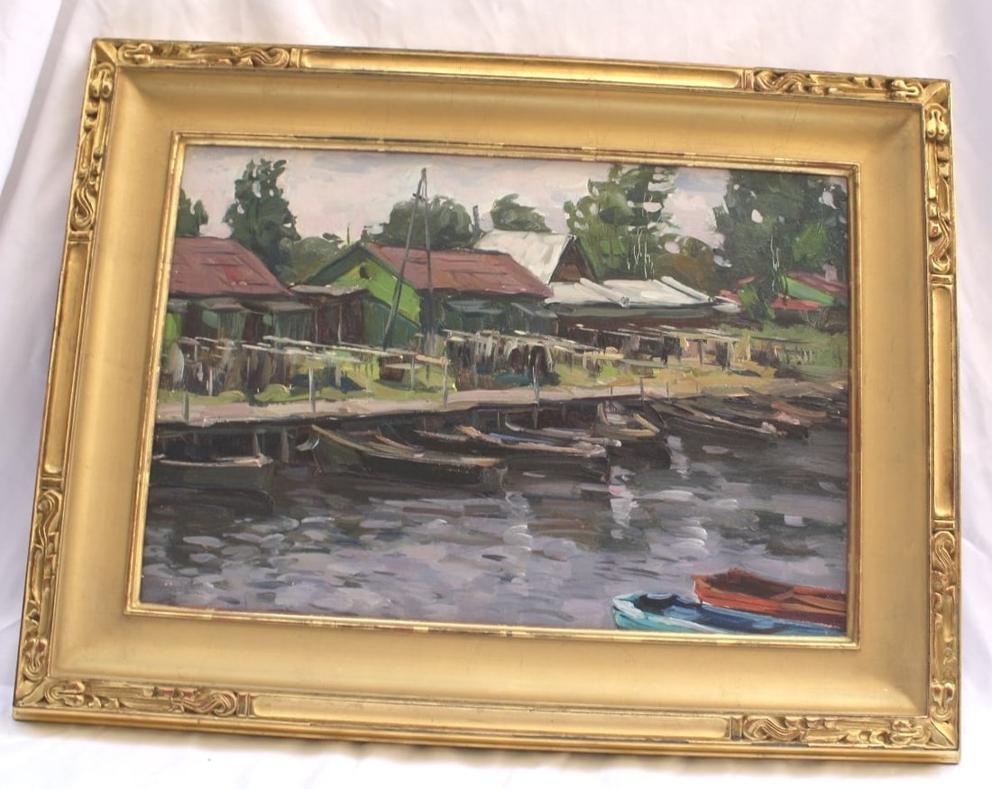 20th Century Oil on Board Landscape by Vassily Borisenkov: 20th Century Oil on Board Landscape by Vassily Borisenkov Experience the beauty of this stunning 20th-century oil on board painting by renowned Russian artist Vassily Borisenkov, born in 1924. This ex