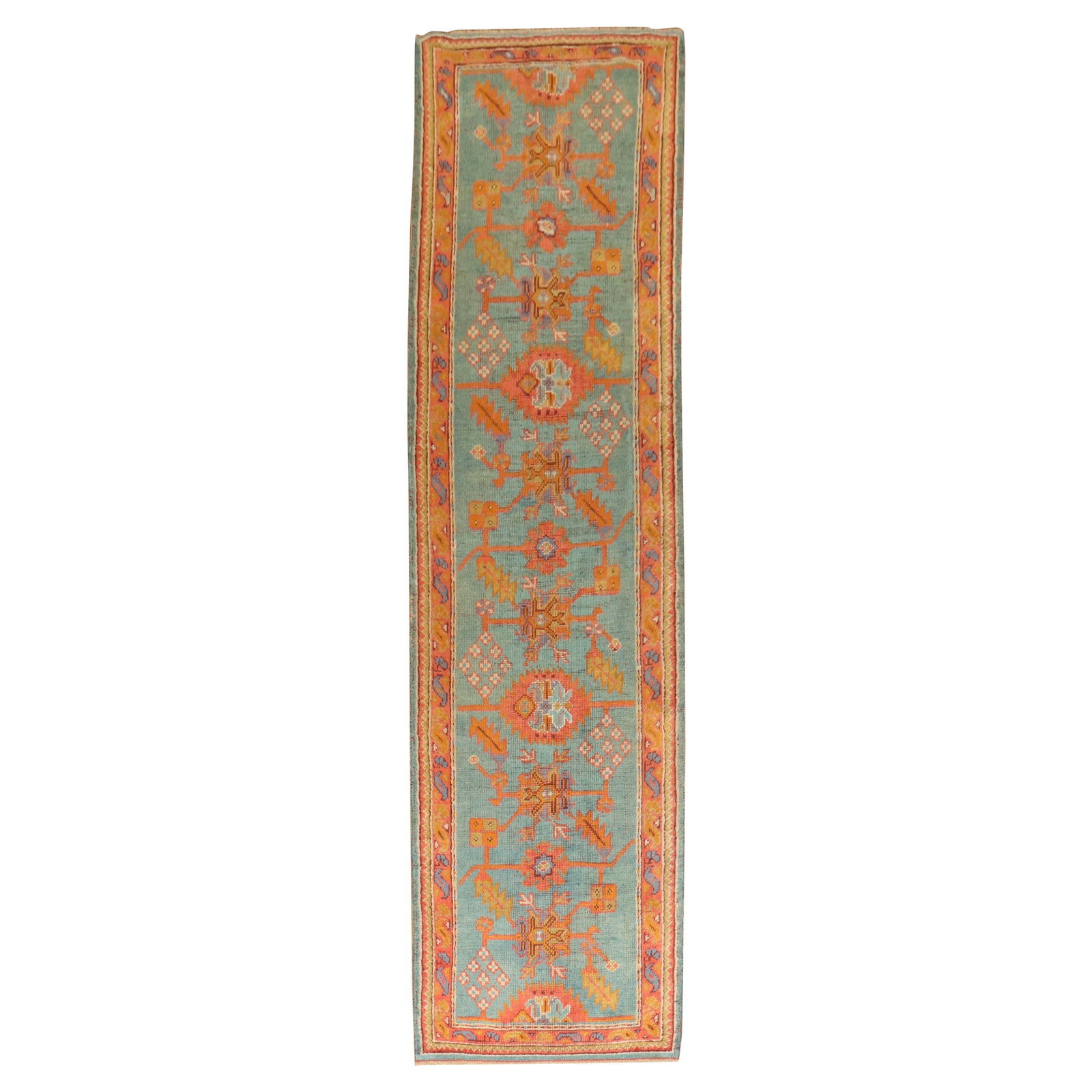 Antique Colorful Oushak Runner 3' x 12' Hand-Knotted Wool Early 20th Century: Antique Colorful Oushak Runner 3' x 12' Hand-Knotted Wool Early 20th Century Discover the charm of this early 20th-century Antique Turkish Oushak Runner, a perfect addition to any country-style decor.