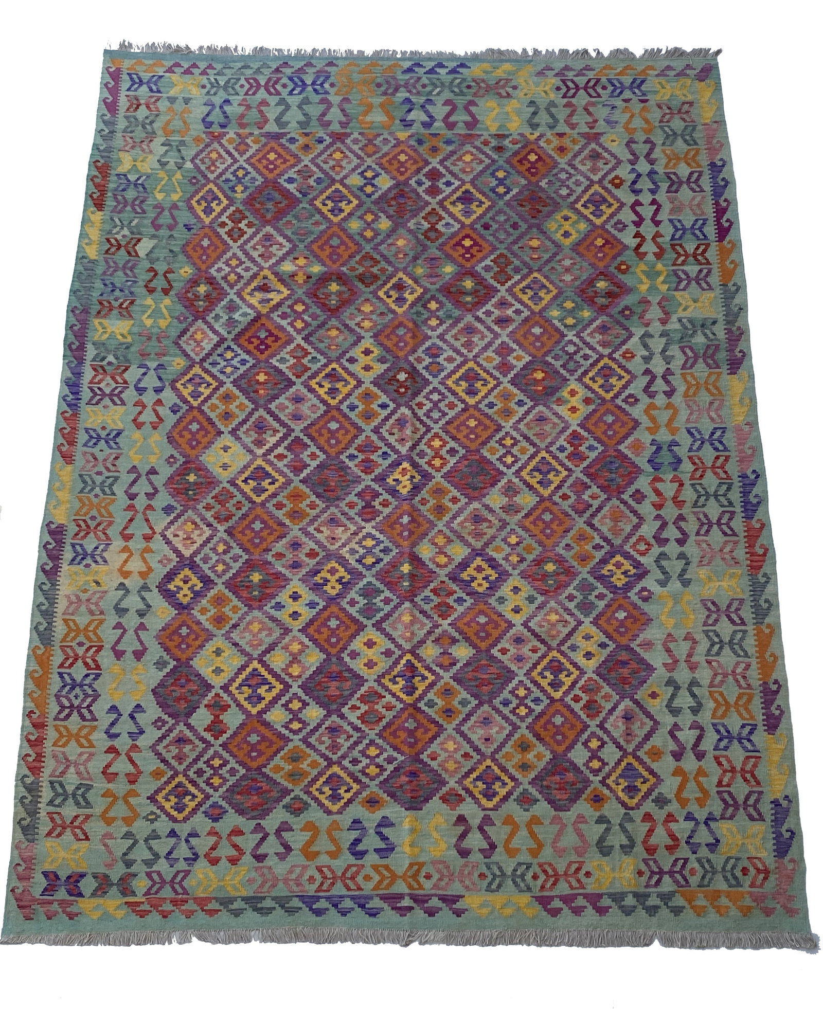 8 x 12 Handmade Multi-Color Tea Green Tribal Kilim Rug: 8 x 12 Handmade Multi-Color Tea Green Tribal Kilim Rug Free continental US Shipping Enhance your living space with the 8 x 12 Multi-Color Tea Green Kilim Rug, a stunning handwoven piece that combines 