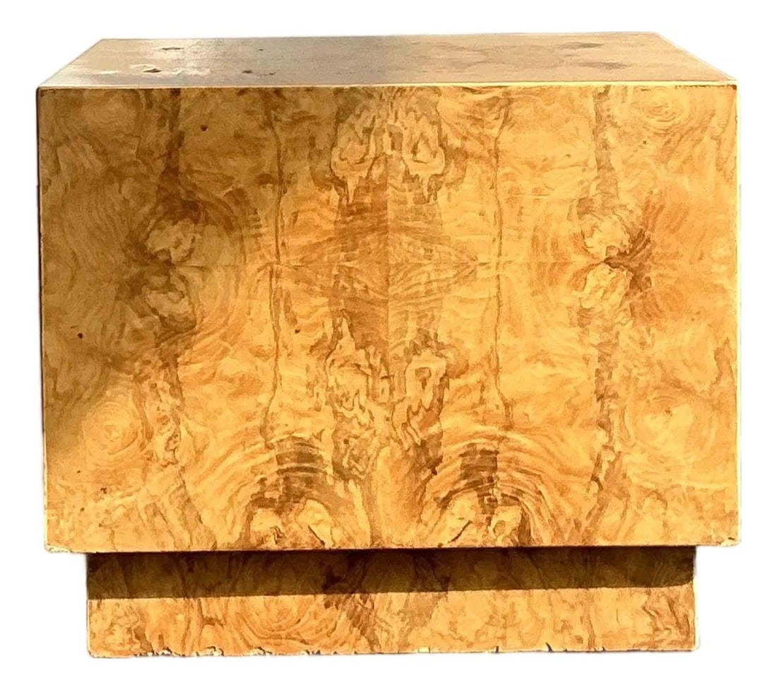 Burl Wood Cube Accent Table with Floating Plinth Base 1970s Bohemian Modern: Burl Wood Cube Accent Table with Floating Plinth Base 1970s Bohemian Modern This vintage cube side table highlights the organic beauty of genuine burl wood with book-matched veneers and a distinctive 