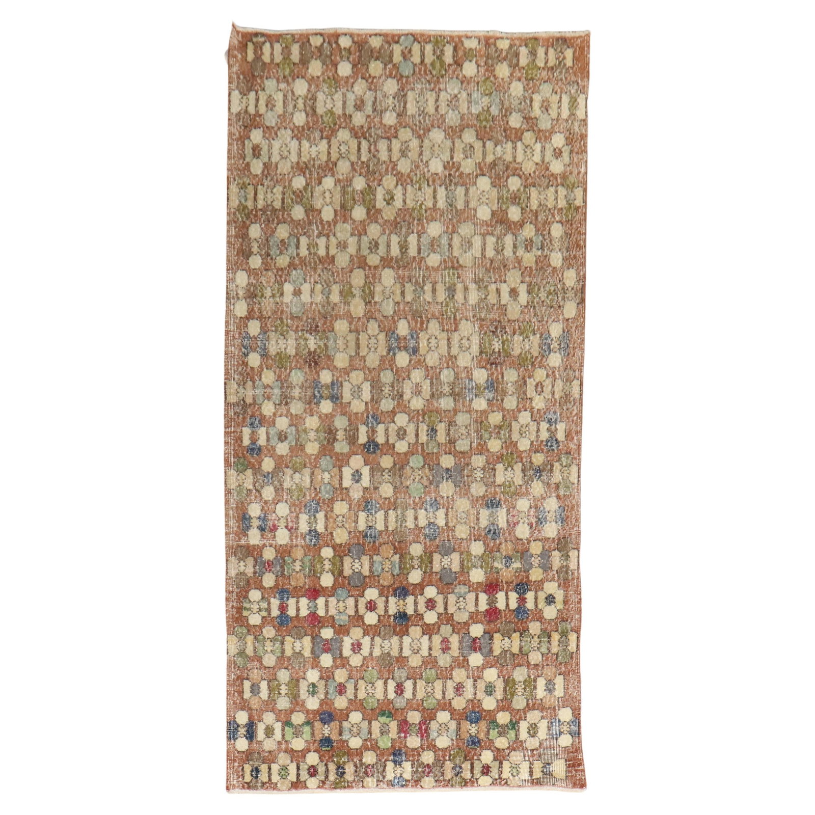 Mid-Century Modern Wool Turkish Deco Runner Rug 3'10" x 8'3": Mid-Century Modern Wool Turkish Deco Runner Rug 3'10" x 8'3" Discover the charm of this vintage Turkish Art Deco runner, showcasing a stunning all-over borderless design in rustic tones. Hand-knotted 