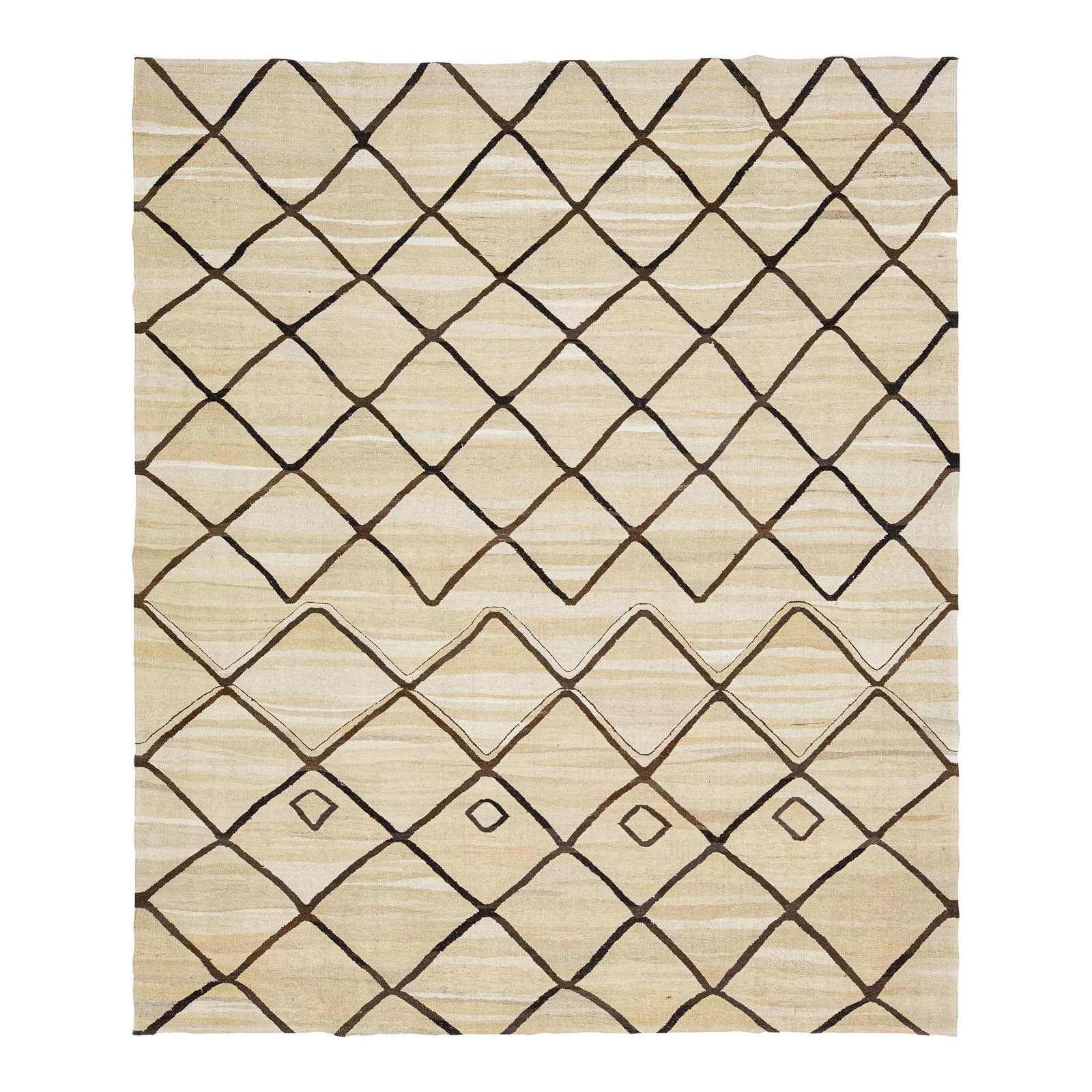 Beige Geometric Kilim Wool Rug 8'7" x 10'2" Modern Design: Beige Geometric Kilim Wool Rug 8'7" x 10'2" Modern Design Enhance your living space with this exquisite hand-knotted modern flat-weave Kilim wool rug. Featuring a warm beige field adorned with a capti