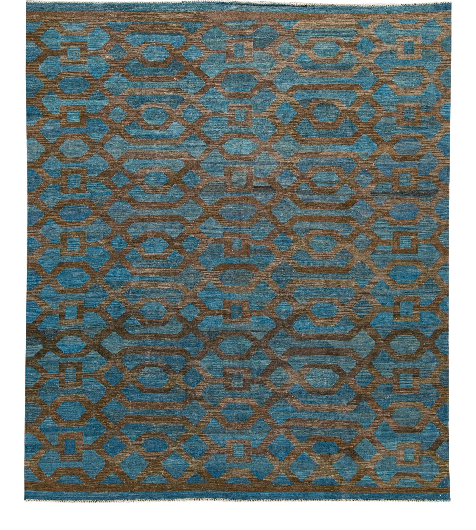 Handmade Modern Blue Wool Kilim Rug 8'3 x 9'9 Geometric Design: Handmade Modern Blue Wool Kilim Rug 8'3 x 9'9 Geometric Design Enhance your living space with this beautiful modern flat-weave Kilim handmade wool rug, featuring a striking blue field complemented by 
