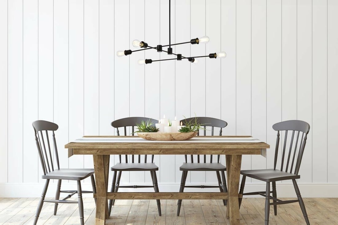 Xavier 6-Light Black Pendant Chandelier 35 Inch: Xavier 6-Light Black Pendant Chandelier 35 Inch This modern rectangular 6-light chandelier features a sleek black finish and is designed for versatile use in spaces such as foyers, dining rooms, livin