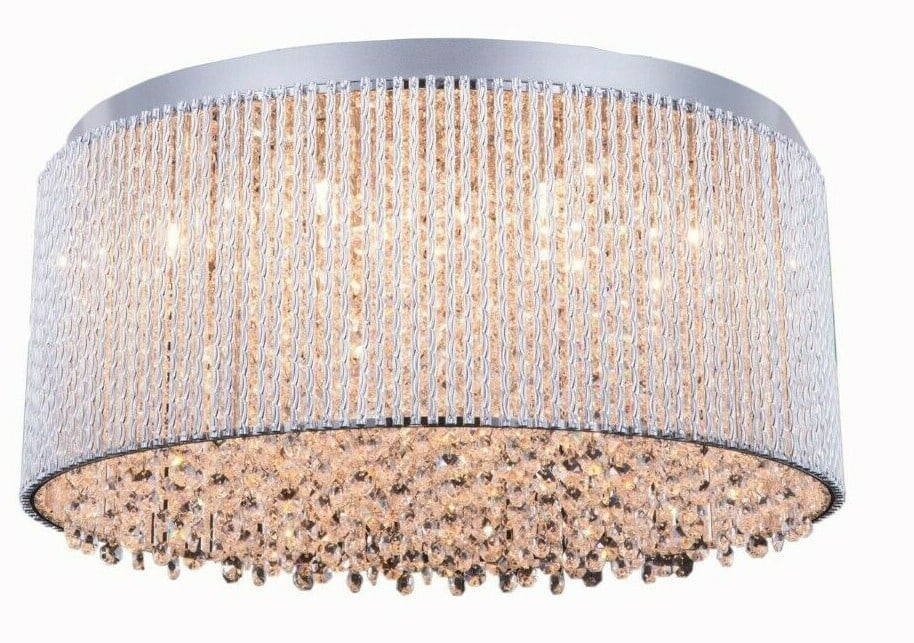 12-Light Chrome Crystal Flush Mount Chandelier 20 in INFLUX: 12-Light Chrome Crystal Flush Mount Chandelier 20 in INFLUX This modern flush mount chandelier features a polished chrome or silver frame adorned with Royal Cut clear crystal accents. Designed for ind