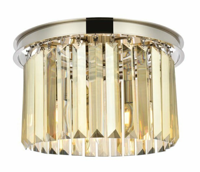 Sydney 3-Light Crystal Flush Mount Polished Nickel 16 Inch: Sydney 3-Light Crystal Flush Mount Polished Nickel 16 Inch This modern flush mount chandelier features three lights and a polished nickel frame adorned with royal cut golden teak crystals. Designed in