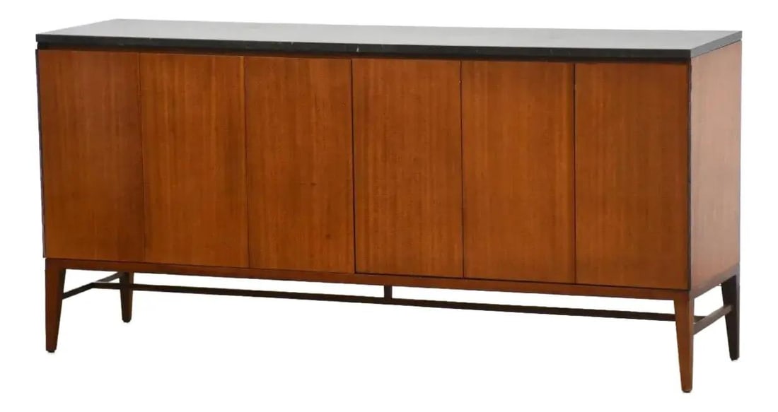 1970s Paul McCobb Mahogany Credenza with Black Marble Top: 1970s Paul McCobb Mahogany Credenza with Black Marble Top This exquisite mid-century modern credenza, designed by Paul McCobb for Calvin, features a stunning mahogany body complemented by a striking b