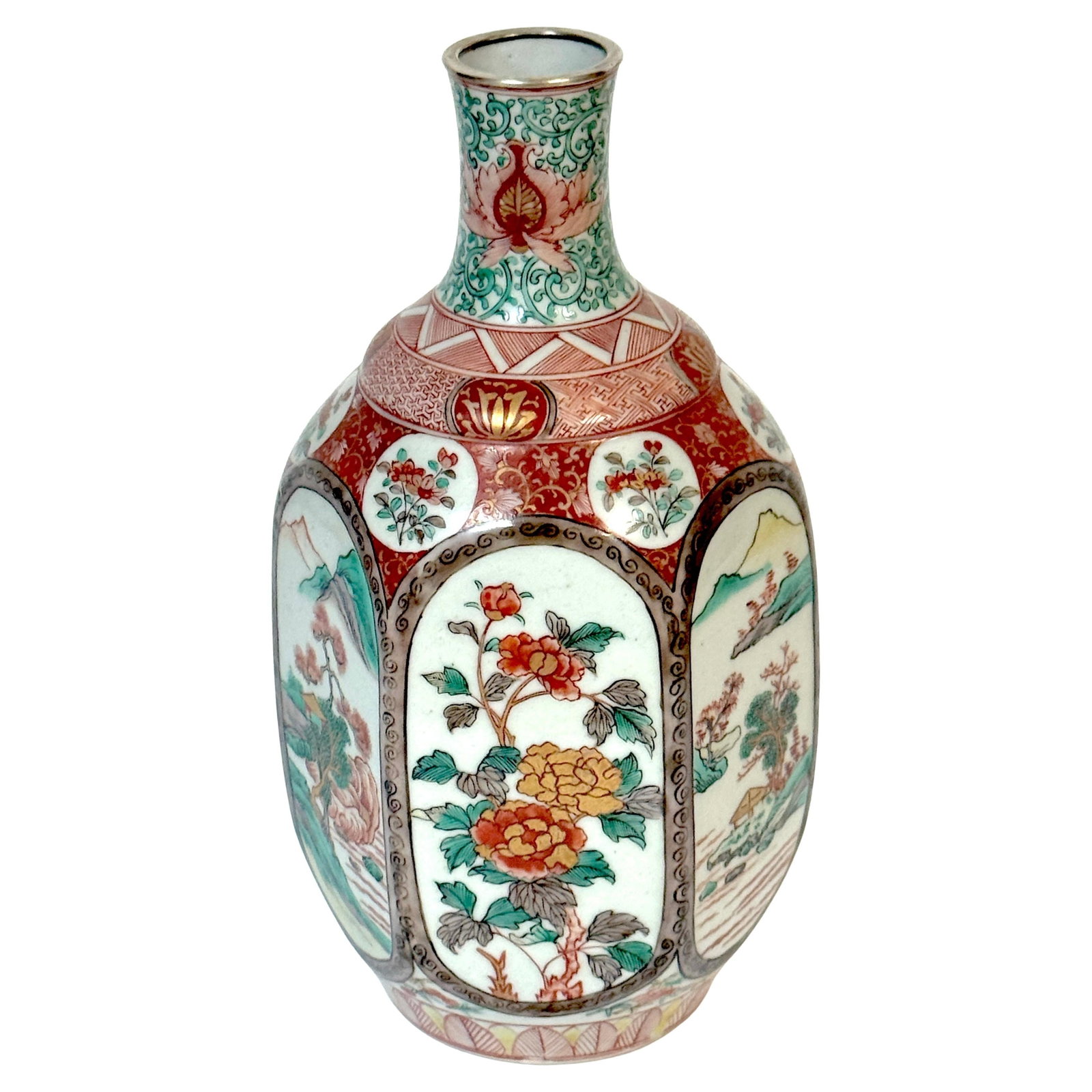 Fukagawa Meiji Hexagonal Imari Porcelain Vase with Silver Collar: Fukagawa Meiji Hexagonal Imari Porcelain Vase with Silver Collar This exquisite Meiji-period Fukagawa Imari porcelain vase is a stunning example of Japanese craftsmanship from the early 20th century. 