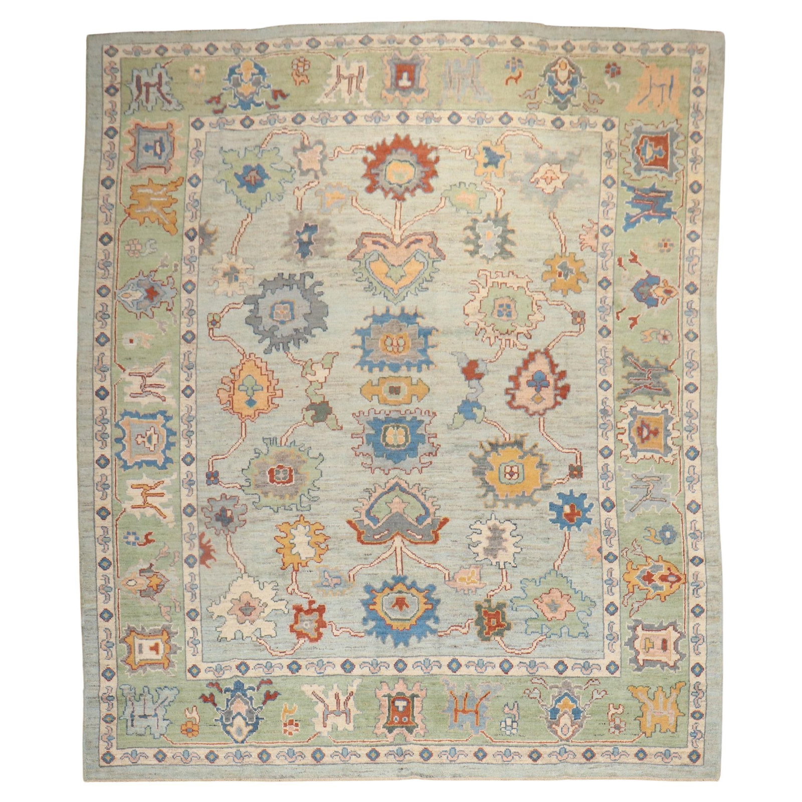 Blue Vintage Turkish Oushak Wool Carpet 10'5 x 13'2: Blue Vintage Turkish Oushak Wool Carpet 10'5 x 13'2 Enhance your space with this Blue Vintage Inspired Turkish Oushak Carpet, a stunning addition that brings warmth and character to any room. Crafted 