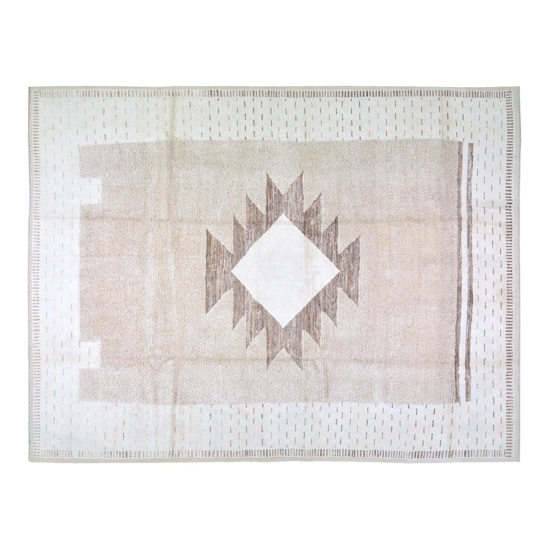 Organic Wool Area Rug Hand Knotted Moroccan Style 10'2" x 13'5": Organic Wool Area Rug Hand Knotted Moroccan Style 10'2" x 13'5" This Moroccan hand-knotted rug is crafted from organic wool, featuring natural colors and a soft texture. The rug comes in a beige shade