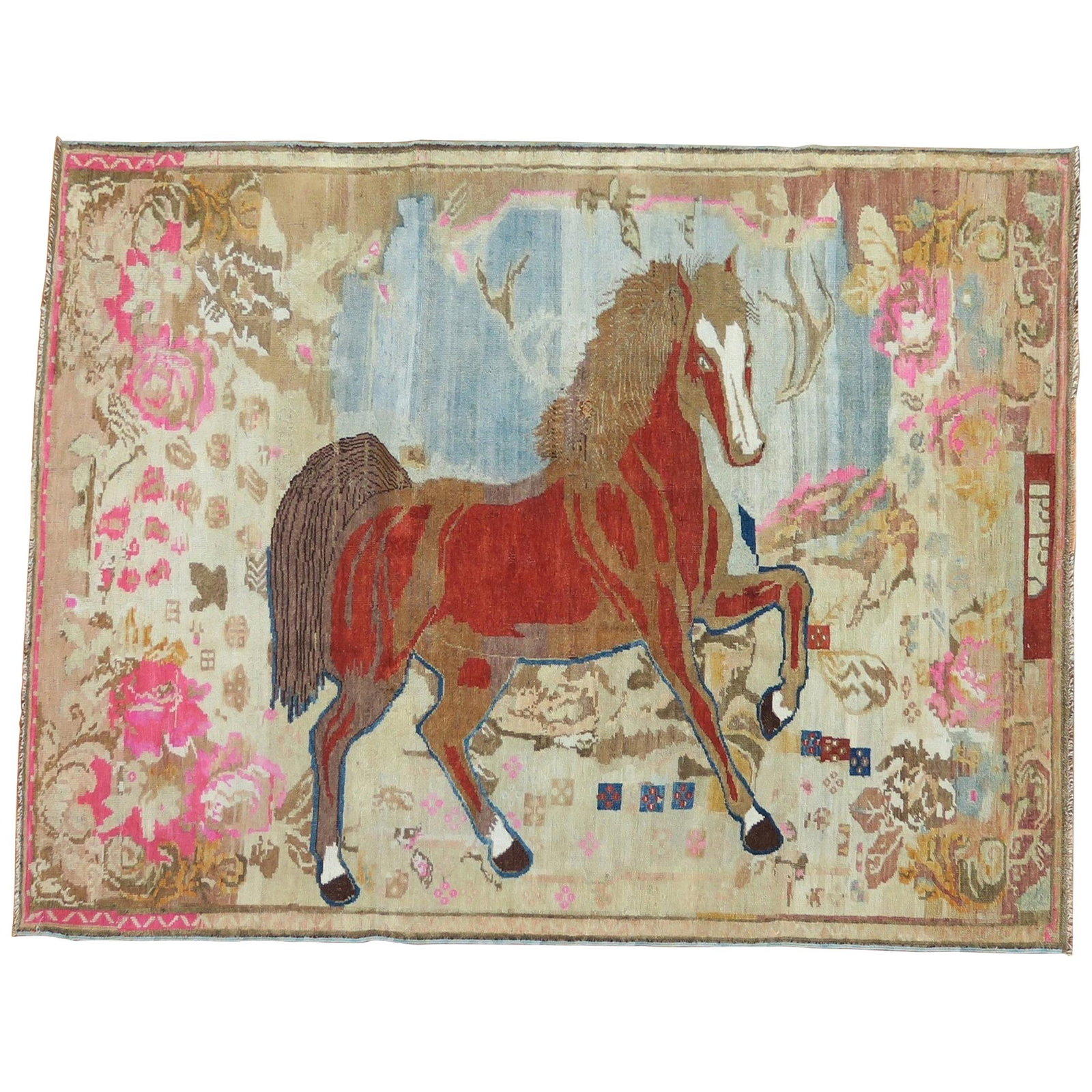 Antique Russian Hand-Woven Wool Rug Pictorial Brown Horse 20th Century: Antique Russian Hand-Woven Wool Rug Pictorial Brown Horse 20th Century This exquisite Antique Russian Karabagh rug, crafted circa 1940, features a stunning depiction of a large horse set against a vib