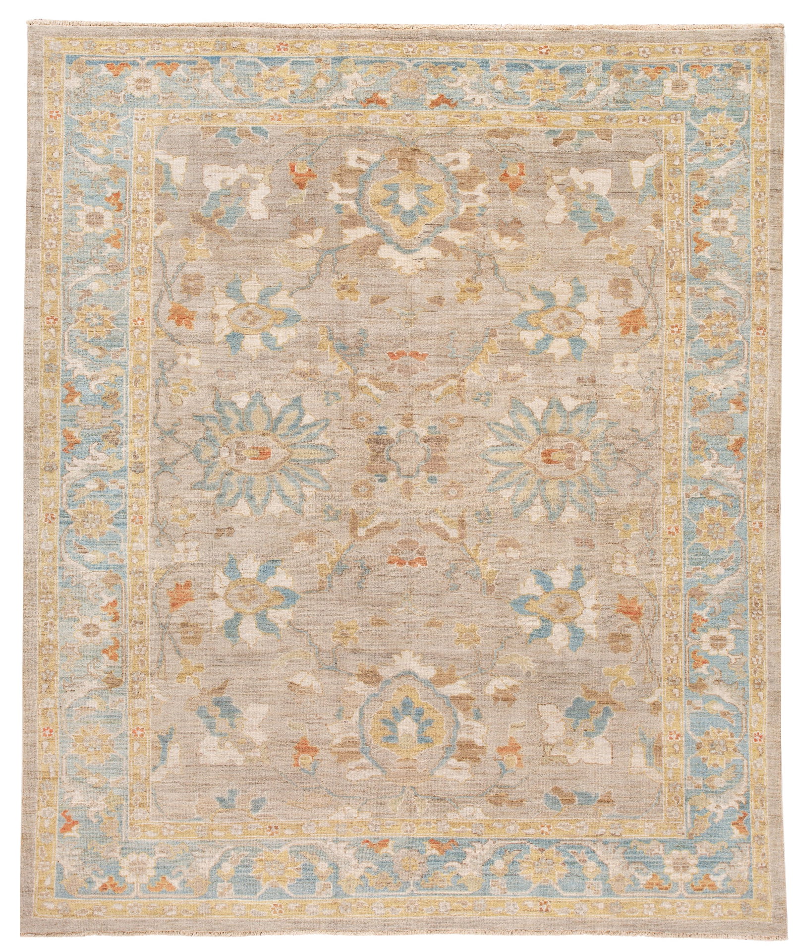 Modern Sultanabad Wool Rug 8'8 x 10'2 Tan Blue Ivory Design: Modern Sultanabad Wool Rug 8'8 x 10'2 Tan Blue Ivory Design Enhance your living space with this stunning 21st Century Modern Sultanabad Wool Rug. Hand-knotted from high-quality wool, this contemporary
