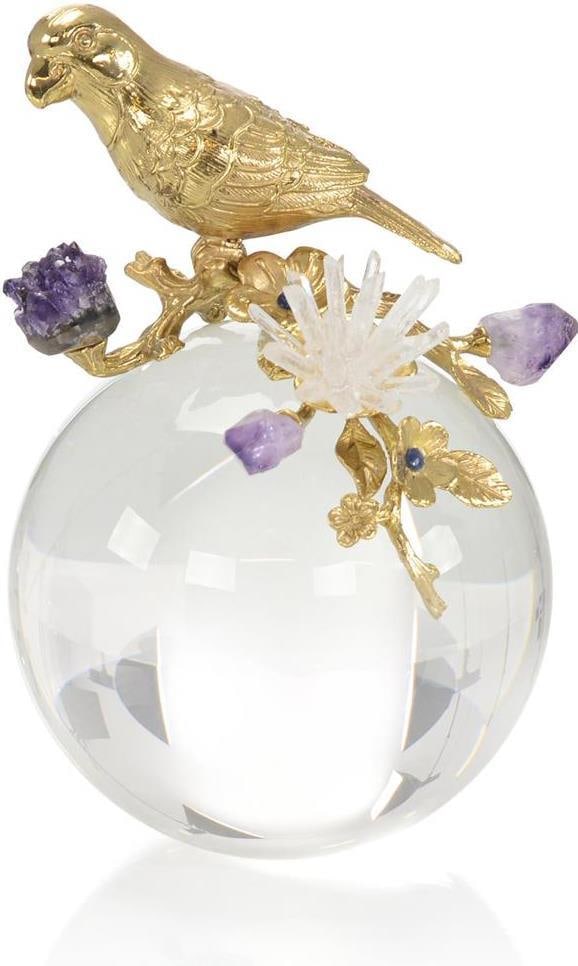 John-Richard Amethyst Brass Parrot Sculpture 9H 6.75W 6.75D: John-Richard Amethyst Brass Parrot Sculpture 9H 6.75W 6.75D Introducing a stunning Brass Parrot Crystal Orb sculpture by John-Richard, perfect for adding a touch of eclectic style to your decor. This 