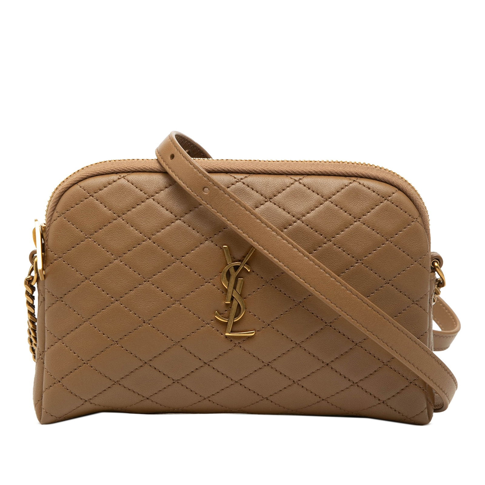 Saint Laurent Gaby quilted lambskin zip pouch: Saint Laurent Gaby quilted lambskin zip pouch This Saint Laurent Mini Quilted Lambskin Gaby Zippered Pouch features a quilted lambskin leather body in brown, complemented by a chain-link and adjustabl