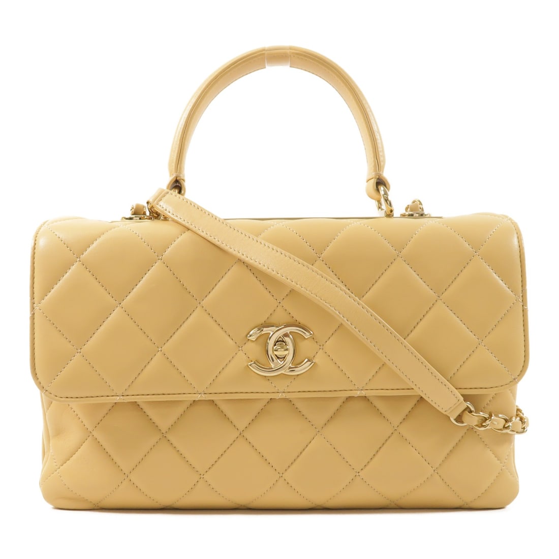 CHANEL Trendy CC Beige Lambskin 2 Way Shoulder Bag GHW: CHANEL Trendy CC Beige Lambskin 2 Way Shoulder Bag GHW This CHANEL Trendy CC 2-way shoulder bag is crafted from beige lambskin leather, offering a luxurious and versatile accessory for women. Designed