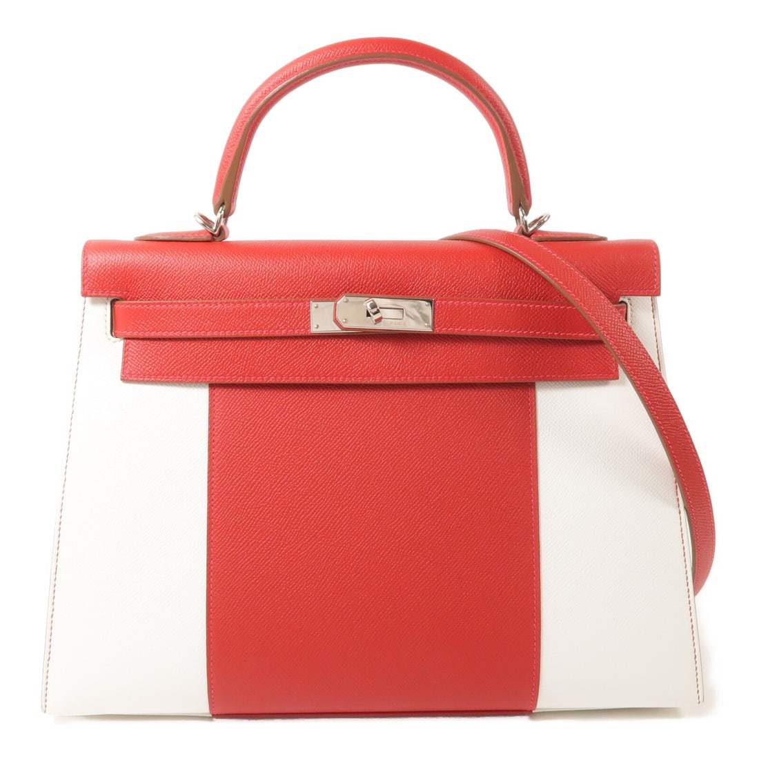 Hermes Kelly 32 Red Epsom Leather Shoulder Bag with Palladium Hardware: Hermes Kelly 32 Red Epsom Leather Shoulder Bag with Palladium Hardware This Hermes Kelly 32 two-way shoulder bag is crafted from Epsom calfskin leather in Rouge Casaque with Blanc accents. Featuring p