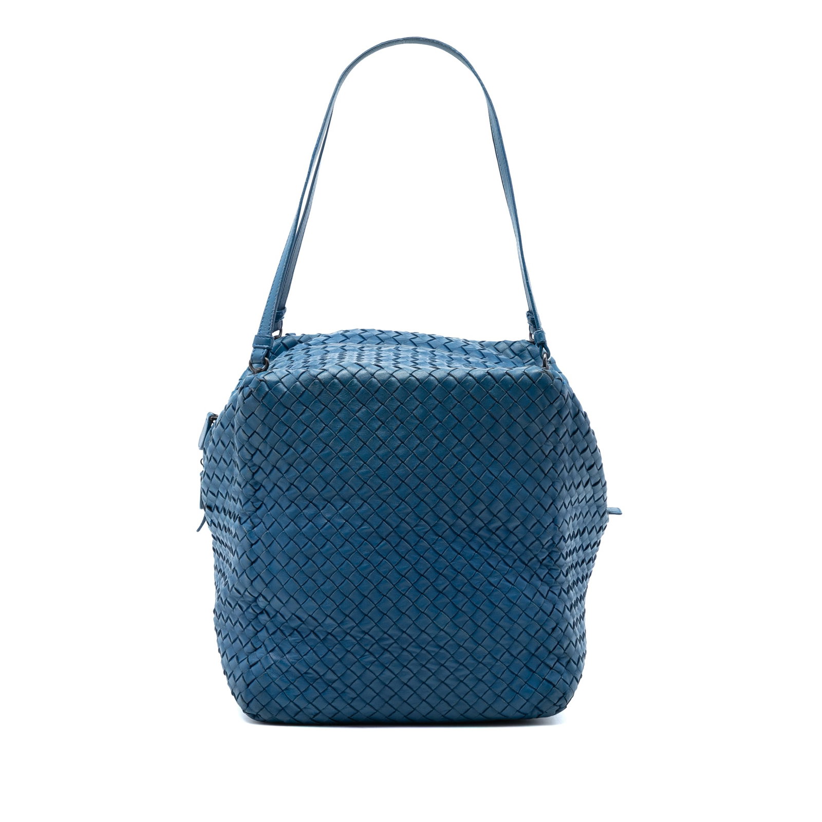 Blue Leather Shoulder Bag Bottega Veneta Nappa Intrecciato Cube: Blue Leather Shoulder Bag Bottega Veneta Nappa Intrecciato Cube Bottega Veneta Nappa Intrecciato Cube Shoulder Bag in blue woven nappa leather. This shoulder bag features flat leather shoulder straps,