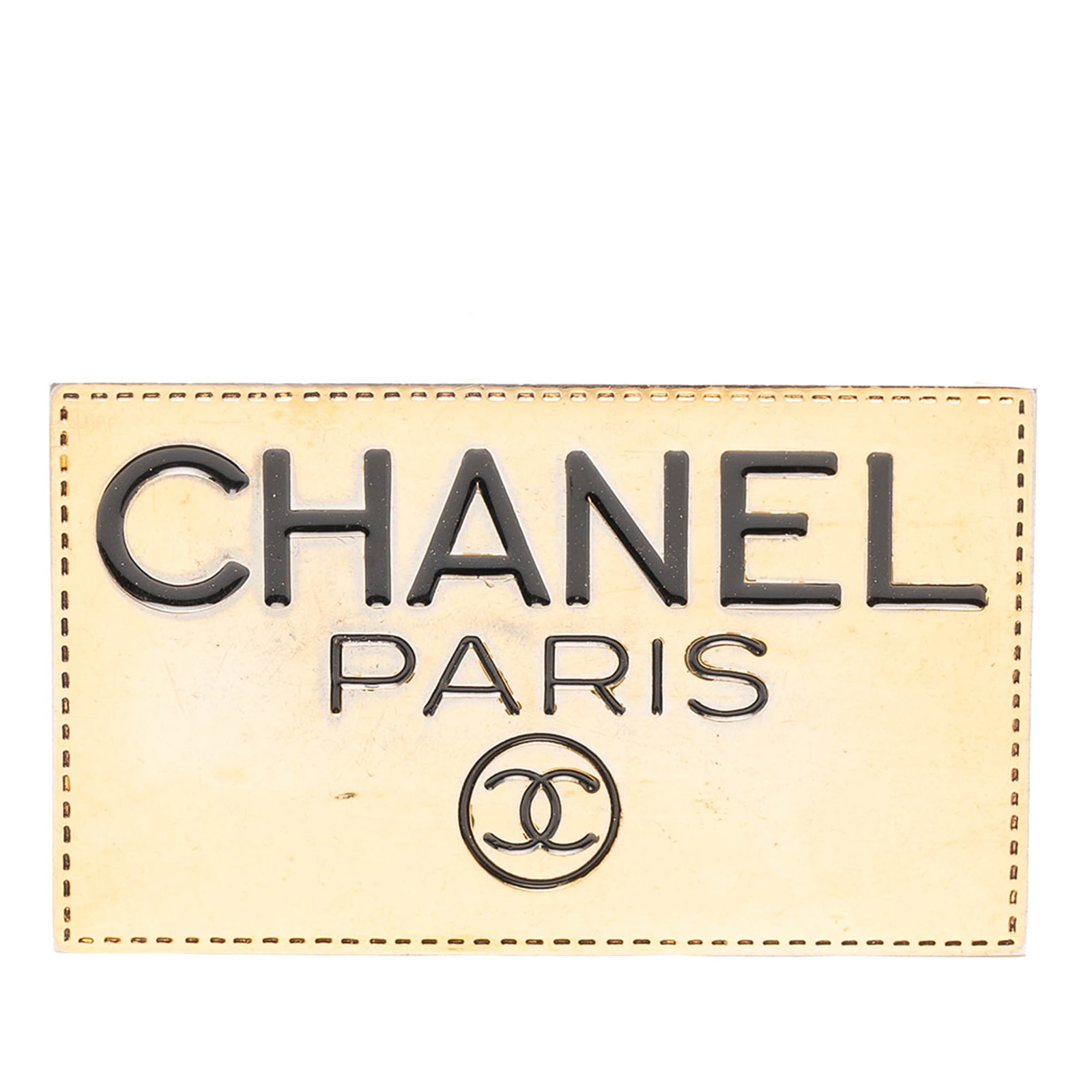 Chanel CC Plate Gold Plated Brooch: Chanel CC Plate Gold Plated Brooch This Chanel brooch showcases the iconic CC plate design with a gold-plated metal body and a back pin closure. Made in France, this piece is categorized as costume je