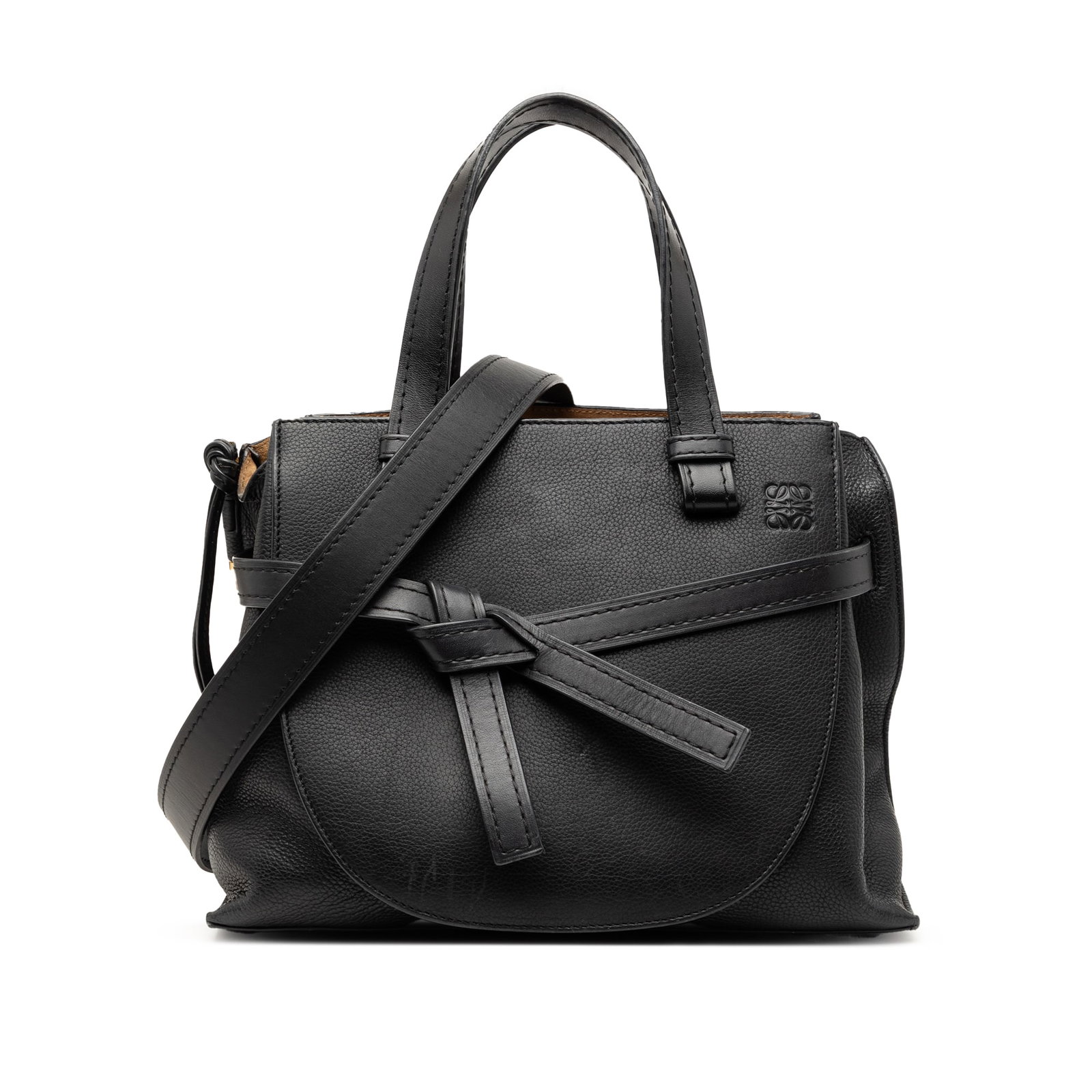 Loewe Gate Small Black Leather Satchel with Top Handle and Strap: Loewe Gate Small Black Leather Satchel with Top Handle and Strap The LOEWE Small Leather Gate Top Handle Bag is crafted from black leather and features flat leather handles, a detachable leather strap