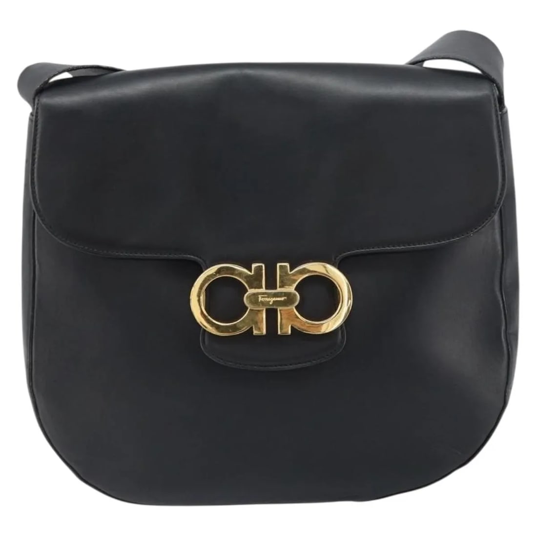 Black Leather Shoulder Bag Salvatore Ferragamo Gancini: Black Leather Shoulder Bag Salvatore Ferragamo Gancini This Salvatore Ferragamo Gancini shoulder bag for women features black leather construction with a flap closure and metal fittings. The bag shows