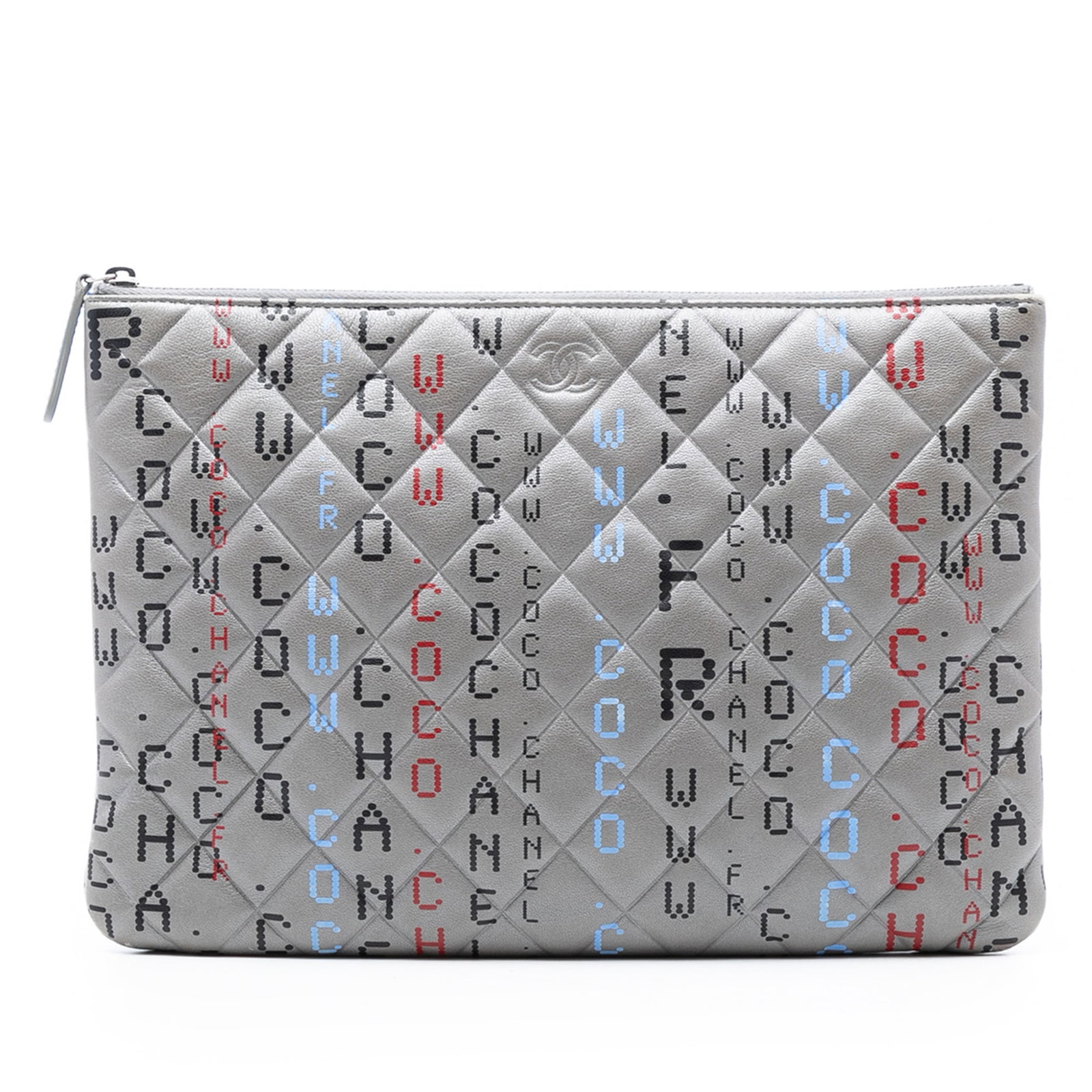 Gray Chanel Data Center O Case Medium Quilted Lambskin Clutch Bag: Gray Chanel Data Center O Case Medium Quilted Lambskin Clutch Bag This Chanel Medium Quilted Lambskin Data Center O Case Clutch features a printed and quilted lambskin leather body in gray with a top 