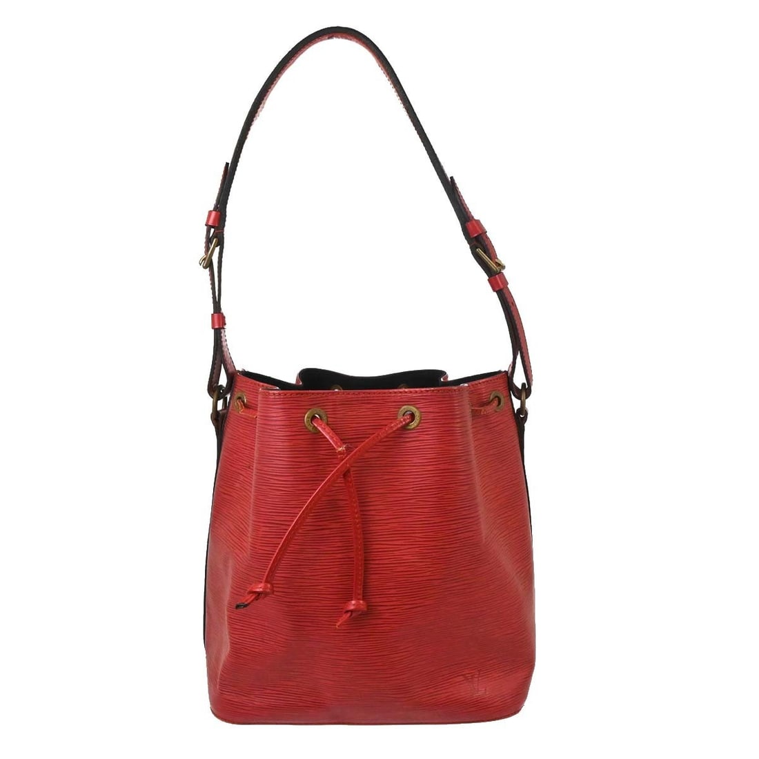 Louis Vuitton Petit Noe Red Epi Leather Drawstring Shoulder Bag M44107: Louis Vuitton Petit Noe Red Epi Leather Drawstring Shoulder Bag M44107 Vintage Louis Vuitton Petite Noe shoulder bag in red Epi leather with a drawstring closure and adjustable leather strap. The bag 